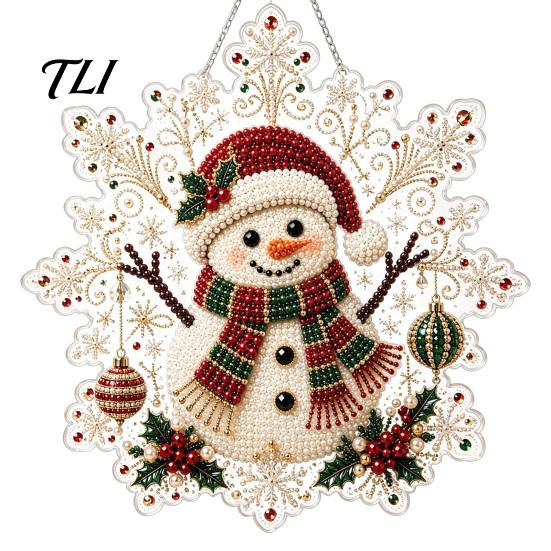 Handmade Christmas Tree Decor Faux Pearl Painting Suncatcher Kit, Acrylic Snowflake Shaped Board with Lace Crystal Beading Craft Set Edge, 3D Gemstone