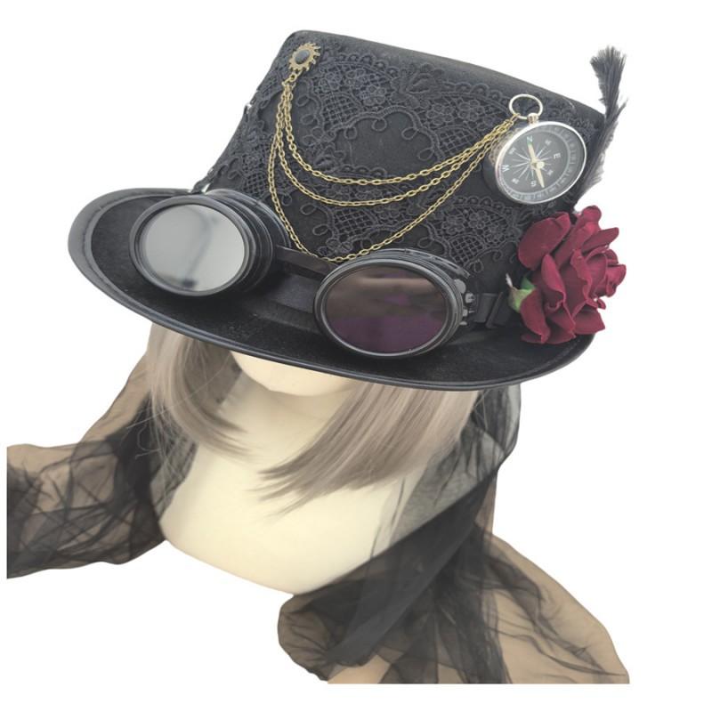 

Lolita Rose Lace Gauze Hat Neat Punk Compass Feather Goggles 326