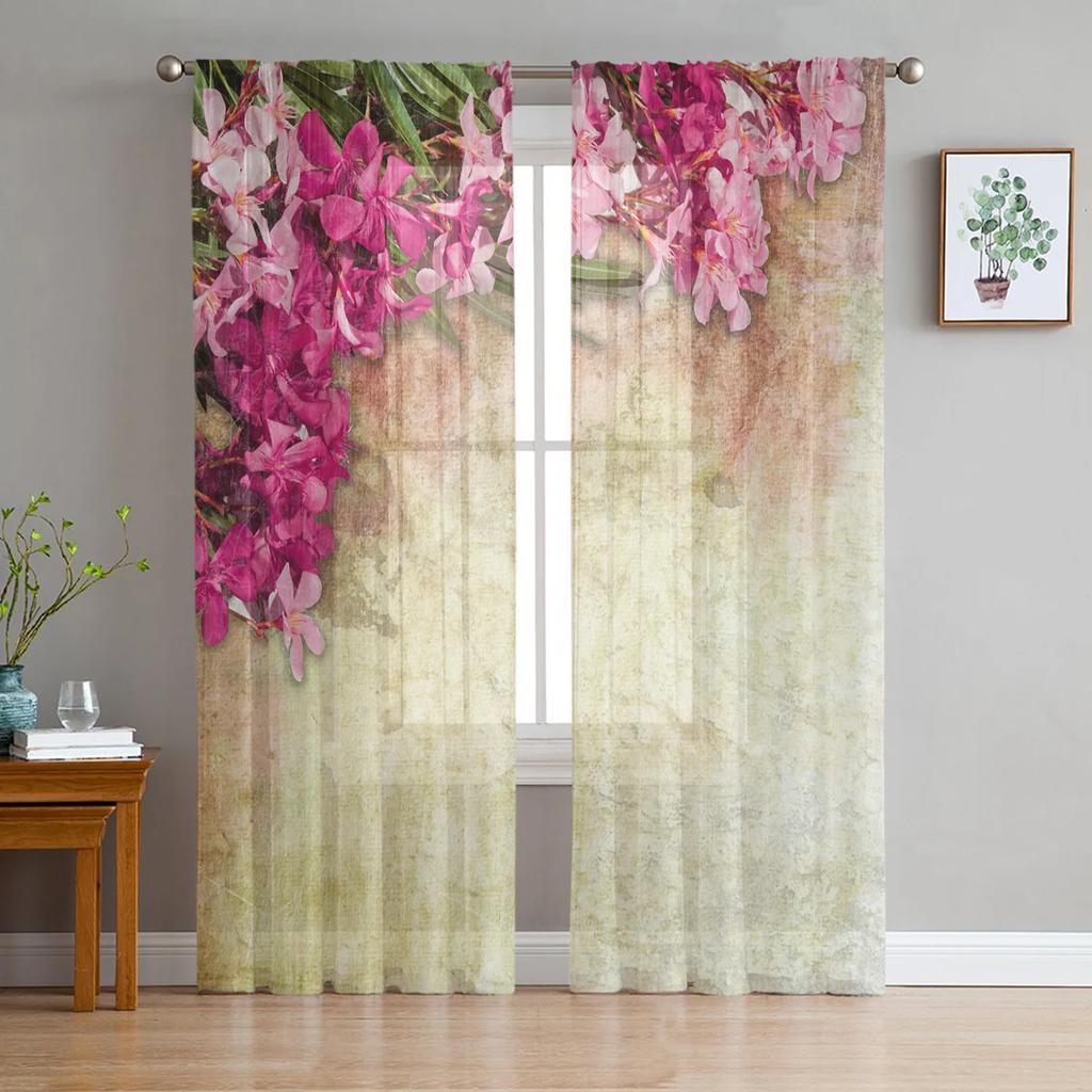Oil Painting Style Spring Flowers Tulle Window Curtains Living Room Organza Sheer Voile Curtain Bedroom Kitchen Home Decor Drape