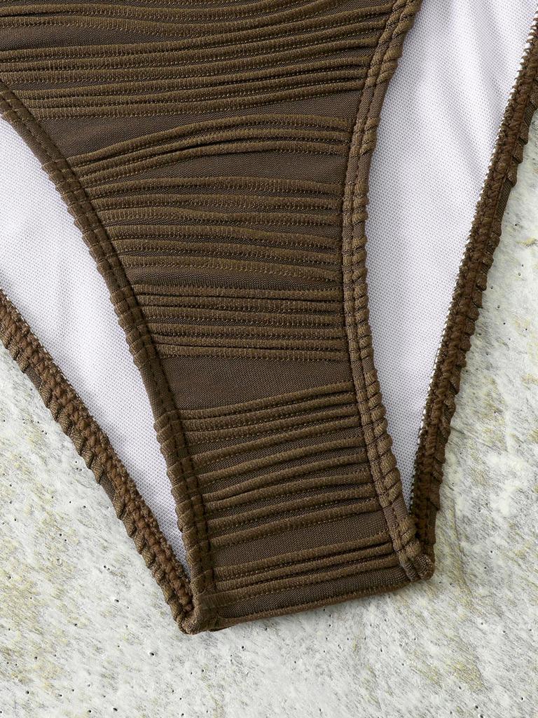 2025 European & American Strappy Backless Pleated Bikini Set – Solid Color Swimwear