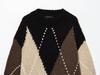 European Plaid Color Block Round Neck Sweater - Lazy Style