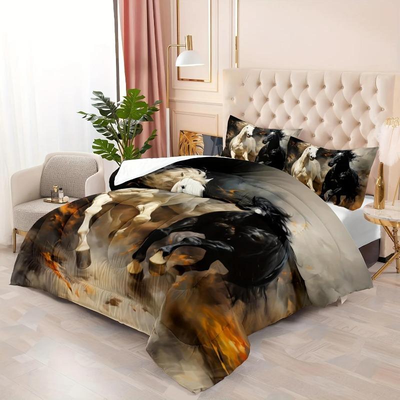 Horse Print Bedding Set, Black And White Horse Bed Linen Set, Western Farm Animal Print Duvet Cover Set, 3D Horse Pattern