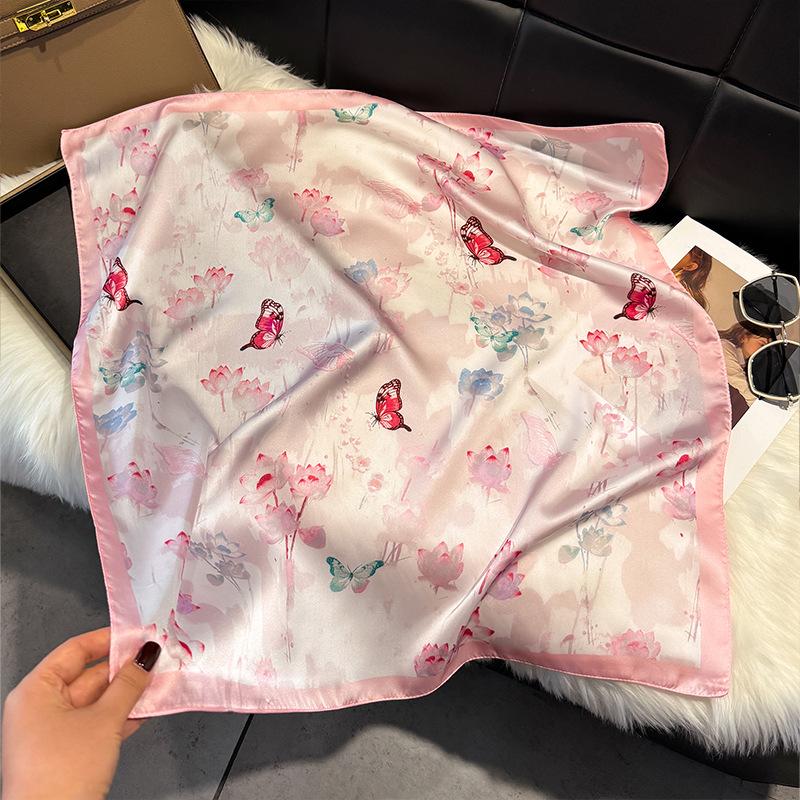 French Light Luxury Floral Small Square Scarf Simulation Silk Printing Silk Scarf Headscarf Women's Spring and Summer Scarf Temperament Scarf Scarf N