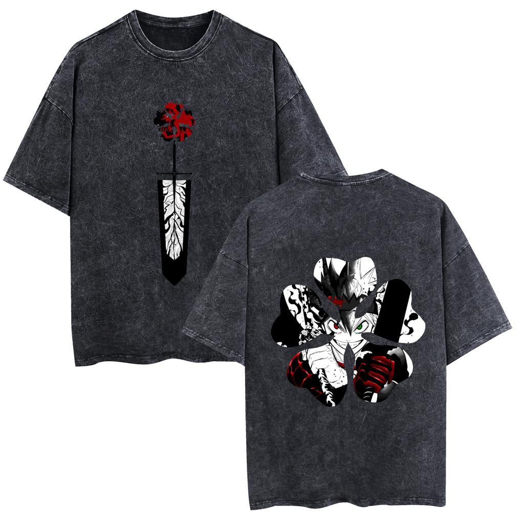 2026 Black Clover Washed Vintage Tshirt Street Hiphop Anime Casual Cotton Summer Short Sleeve