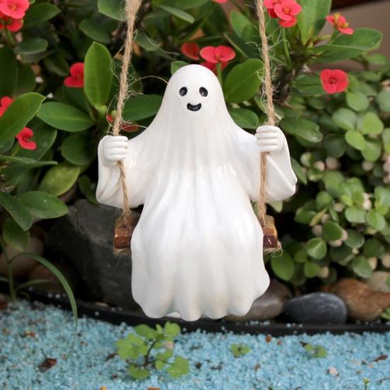 Swing Ghost Garden Statue Cute Resin Ghost Figurine Outdoor Tree Hanging Ornament for Porch Garden Lawn Yard Decor