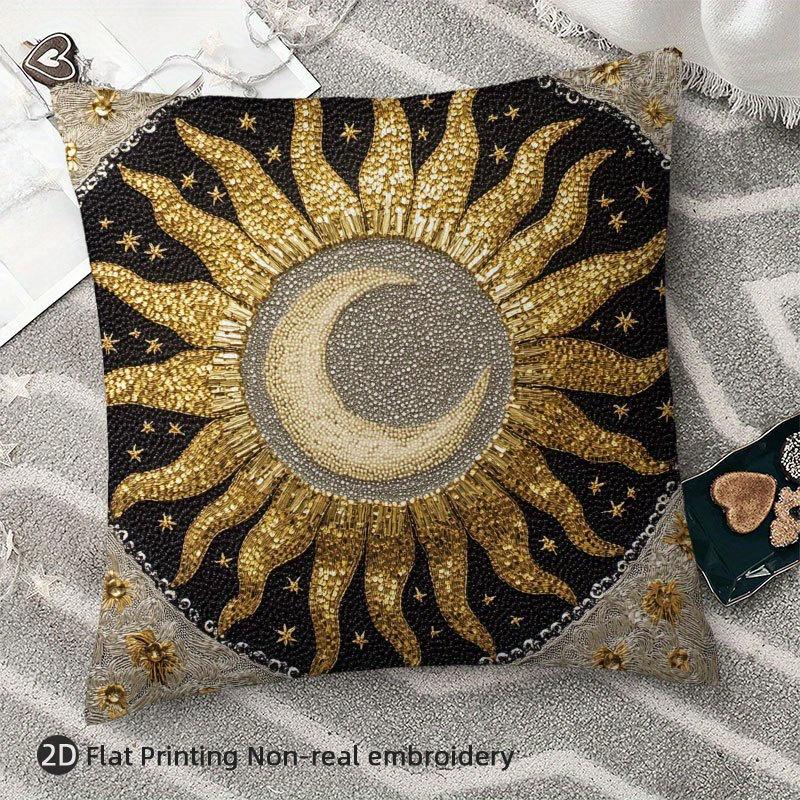 Golden Sun Moon Star Pillow Cover 2D Faux Embroidery Print Boho Celestial Crescent Cushion Case For Sofa Bed Couch Home Decor