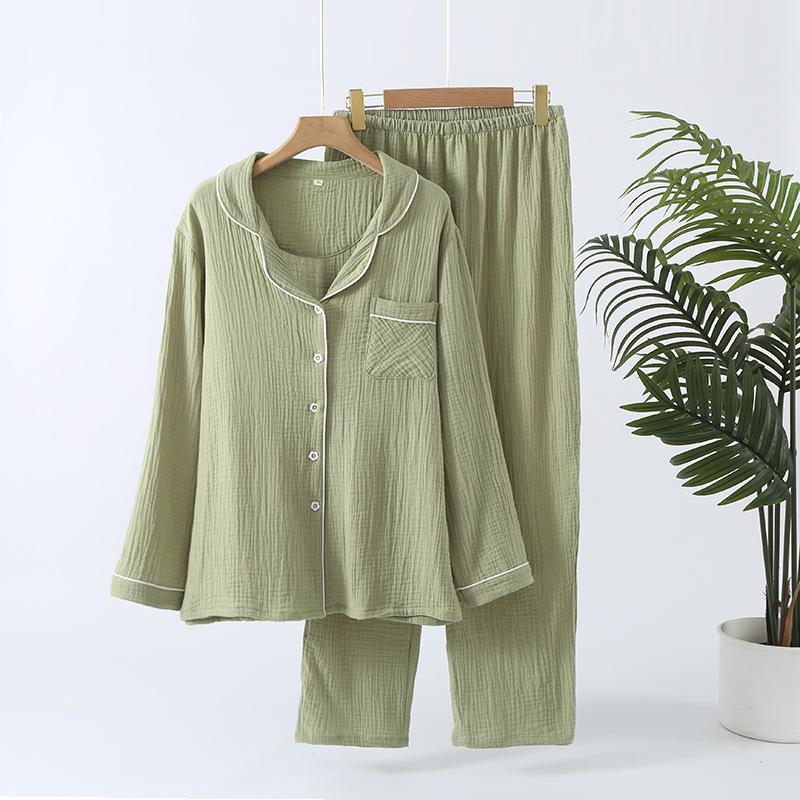 Spring and Autumn New Women's Pajama Set 100% Cotton Solid Color Lapel Long Sleeved Pants Home Furnishing Two Piece Set