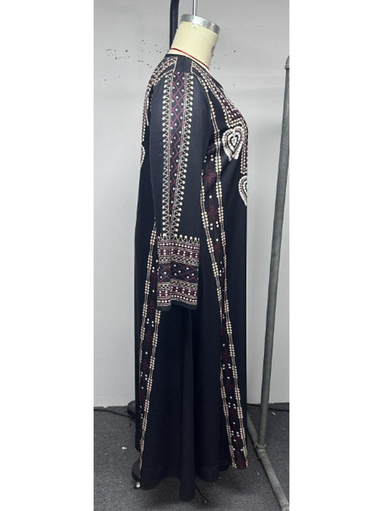 Middle Eastern Ethnic Style Navy Blue Plus Size Long Dress with Long Sleeves