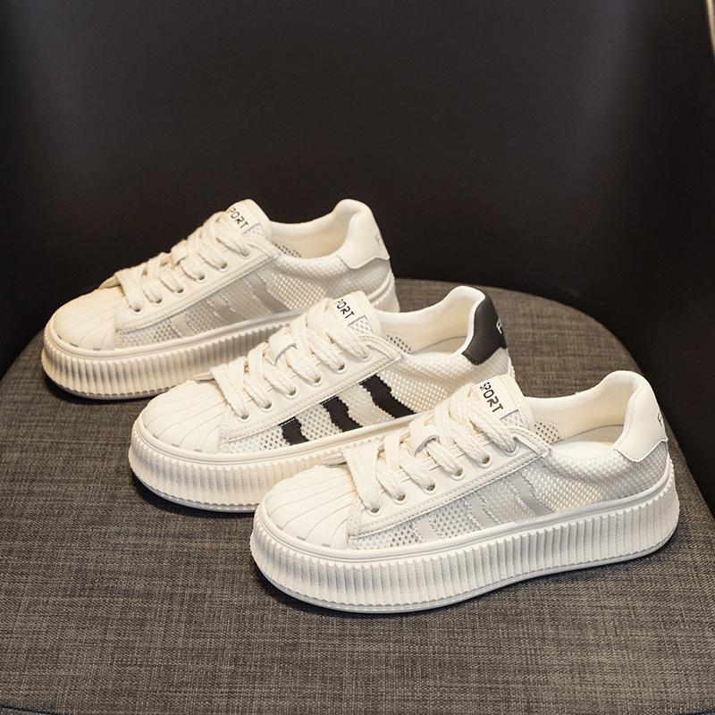 Thick-soled Shell Head Little White Shoes Women's 2025 Spring and Summer New Mesh Biscuit Shoes Versatile Casual Women's Shoes Sports Board Shoes