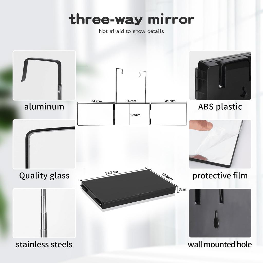 Adjustable Wide Viewing HD Mirror and Back of Head Visibility Height, 360° Angle, Foldable, 3-Way Mirror, Angle, Shatterproof, Surface,