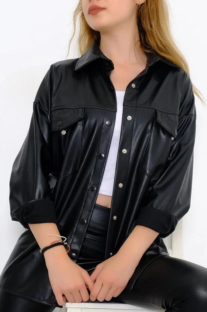 Casual Wear Stylish BLACK Women's Leather Shirt Genuine Lambskin Handmade Formal