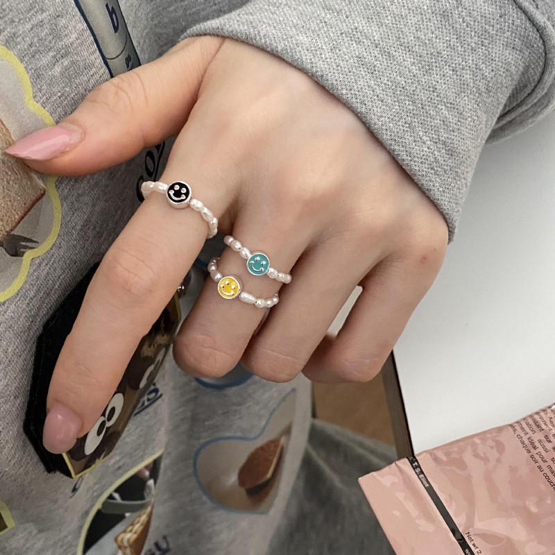 Charming Geometric Design Korean Style Smiley Face Natural Baroque Pearl Ring For Women