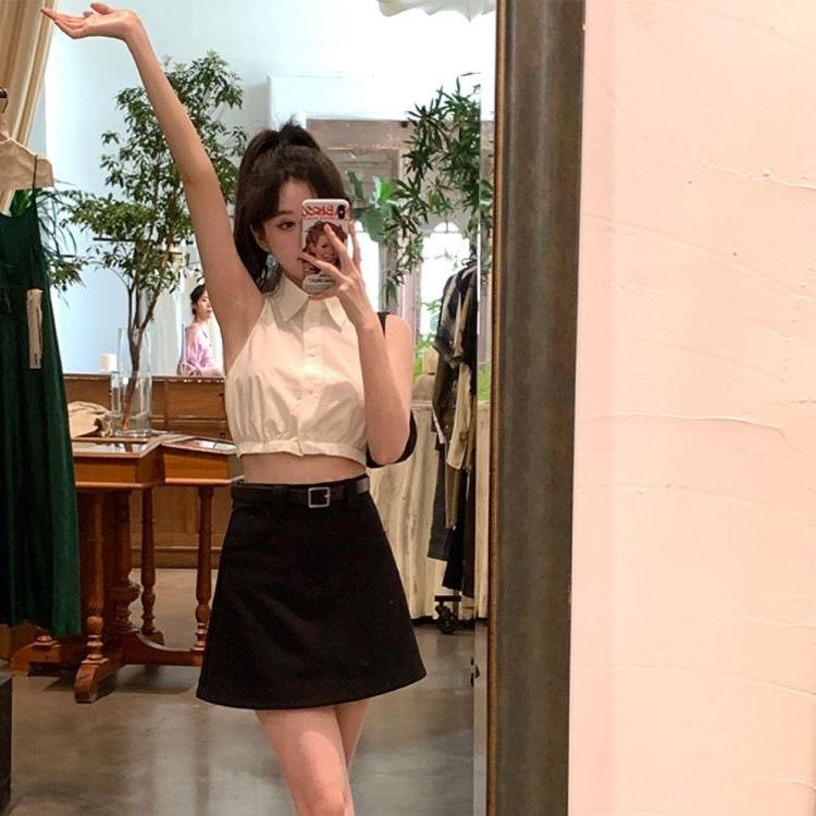 Summer High-end Sleeveless Shoulder-cut Short Shirt Women's Design Sense Niche Slim Temperament Short Top