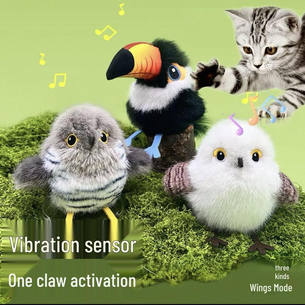 Plush Electric Flapping Bird Cat Toy with Sound and Automatic Motion