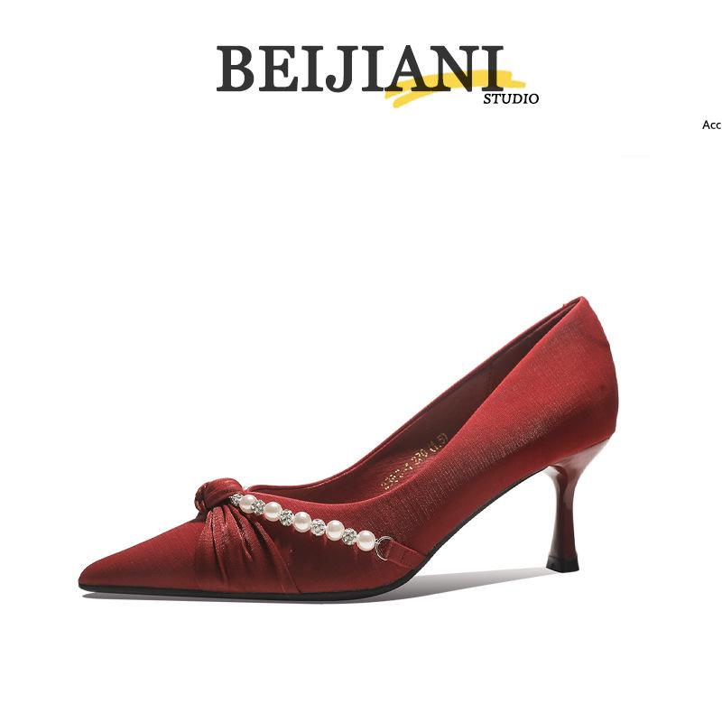 

BEIJIANI 3356-1 Туфли-стилеты из атласа с узлом и жемчугом Сюхэ для женщин 39 вино красного