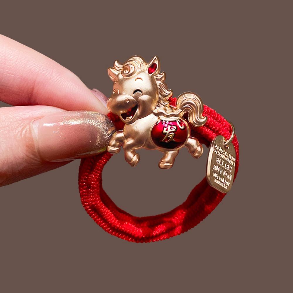 Cute Red Rope New Year Red Hair Rope 2026 Alloy Horse Year Hair Ring Bracelet Chinese Style Horse Year Rubber Band Girls