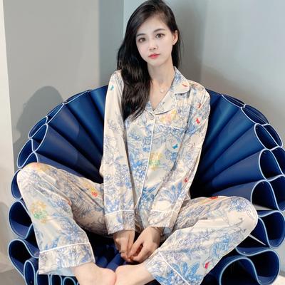 Design im Gartenstil Gedruckter Komfortabler Pyjama aus Eisseide Damen Hausanzug Set Damen Oberbekleidung Pyjama Set