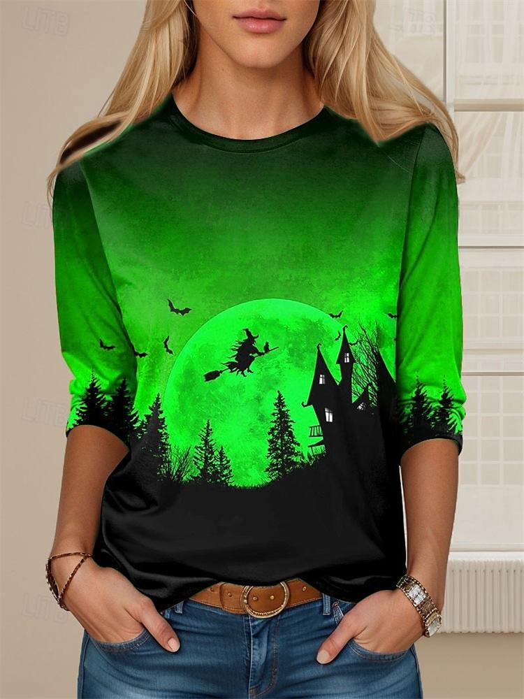 Halloween Ladies Long Sleeve T-shirt Black Pumpkin Head Print Street Fashion Ladies Loose Long Sleeve Top Everyday Casual Top