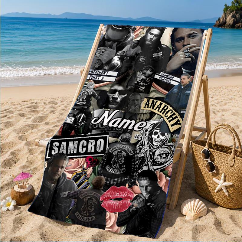 Custom Name Biker Club Anarchy Heart In Space Adventure Microfiber Beach Towel, Lightweight for Summer Travel, Swimming Pool Fan Gift