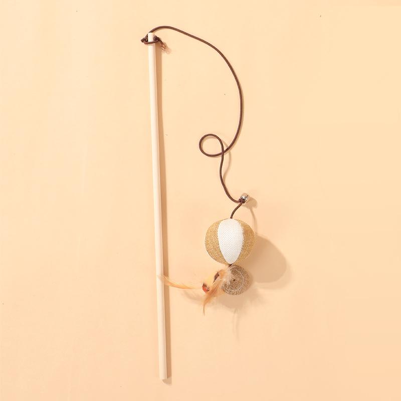 Interactive Gray/White Linen Mouse Cat Wand with Wooden Rod and Handle