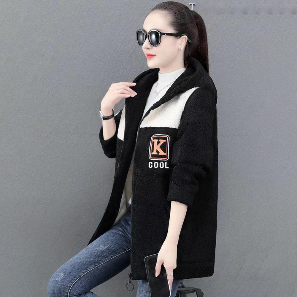 Damenjacke Colorblock-Fleece-Kapuzenmantel mit Reißverschlusstaschen für Damen Warme Winter-Strickjacke Mittellange, lockere