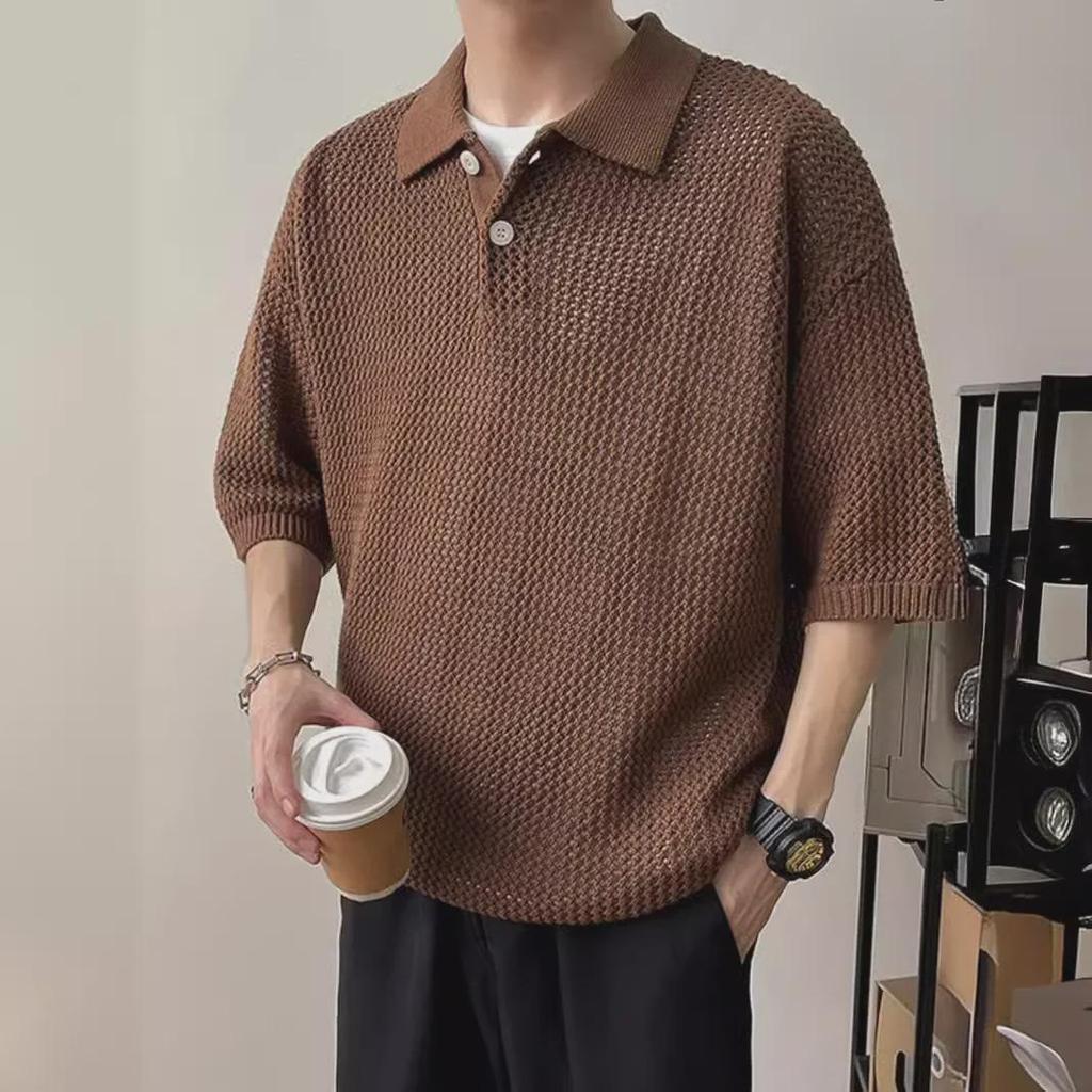 Men's Summer Polo Shirt - Hollow Knit, Short Sleeve, Breathable, Old Money Style, High-End, Shirt Collar