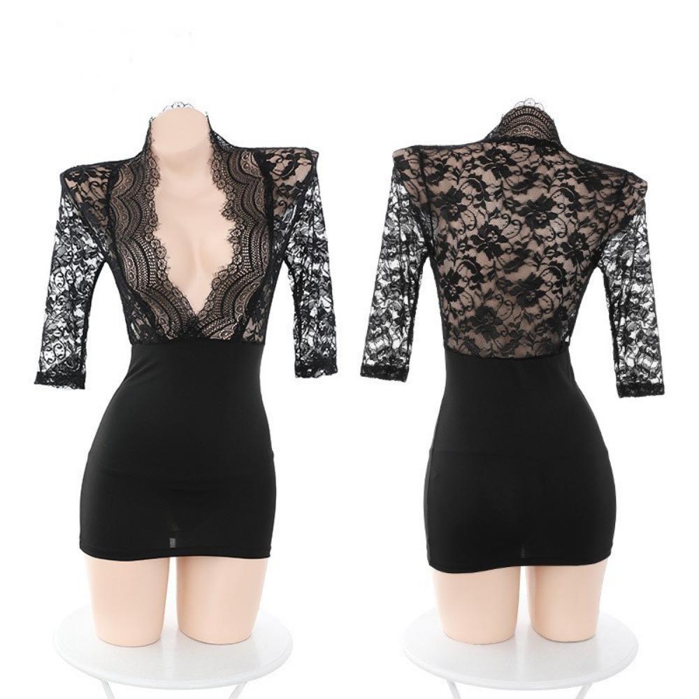 Sexy Secretary Uniform Seduction Deep V Breast Lace Perspective Sex Underwear Skinny Hip Wrap Skirt Sex Underwear Women