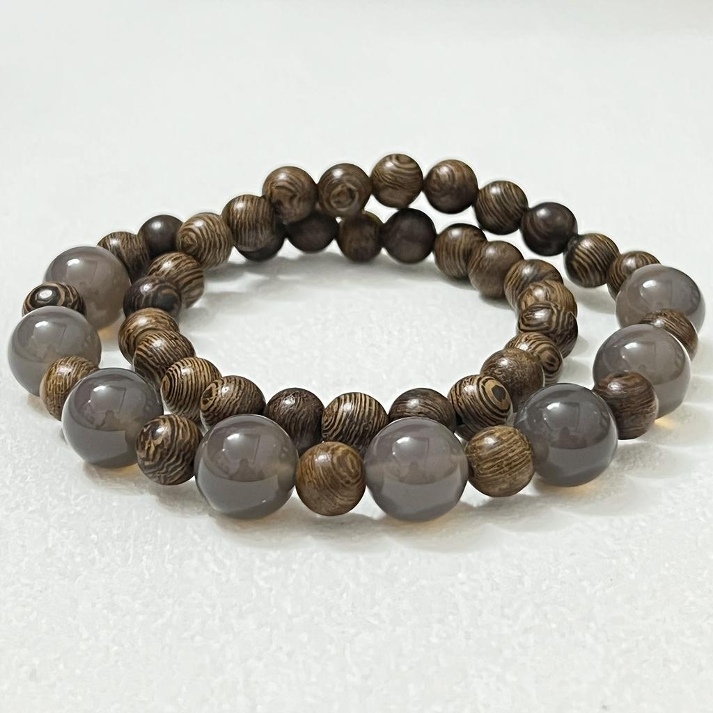 Double Layered Wooden Bracelet with Natural Agate Stone for Men 8mm Round Beads Bangle Multilayered Wristbands