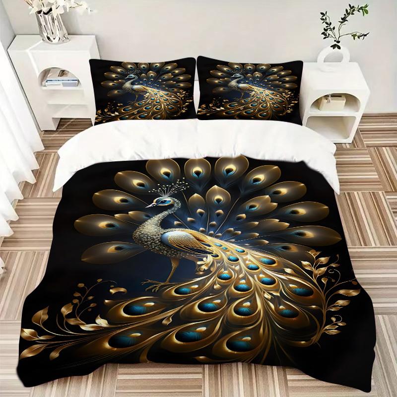 3pcs Golden Peacock Feather Duvet Cover Set - Machine Washable, Includes 1 Cover and 2 Pillowcases, No Core Included Yy251013029