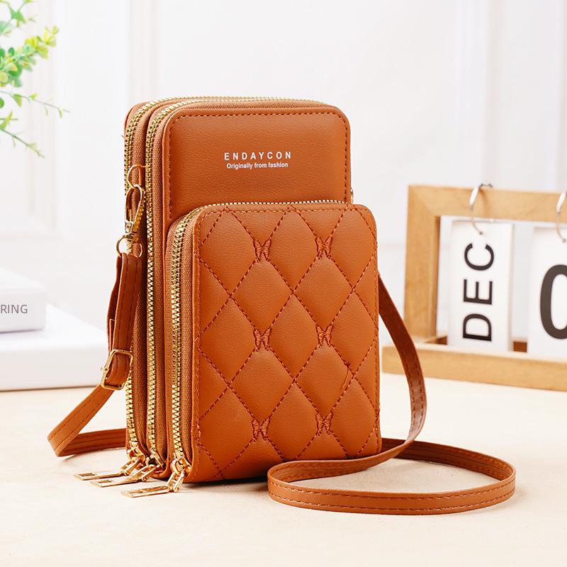 "Korean-Style Women's Fashionable Mini Crossbody Phone Bag – Solid Color, Three-Layer Zipper, Multifunctional, Simple Design Wallet"