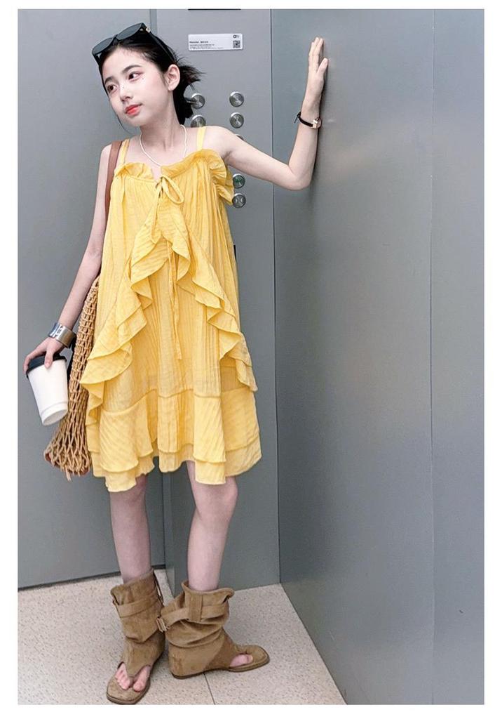 Girls' Ruffle Strappy Midi Dress - 2026 Summer Beach Style for Older Children