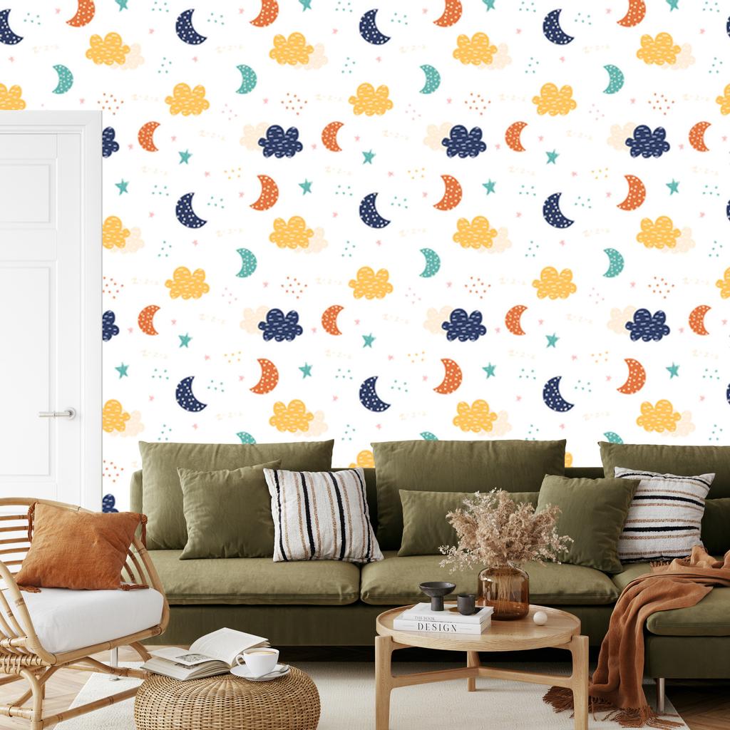 Colorful Clouds, Stars and Moons Wallpaper for Living Room and Bedroom 50x1000