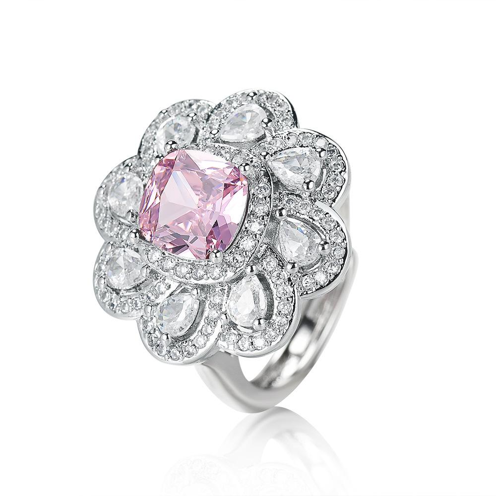 Slightly inlaid pink zircon ring, bright rich flower pendant, necklace, European and American style noble earrings.