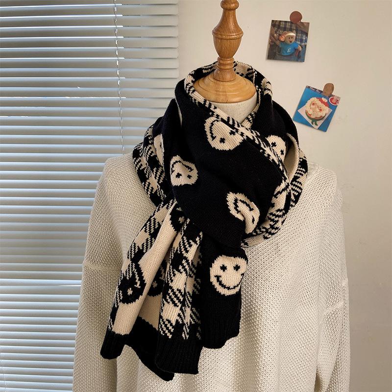 Smiling Plaid Scarf for Women in Autumn and Winter Korean Style Versatile Cute Soft Girl Girl Winter Knitted Woolen Scarf To Keep Warm