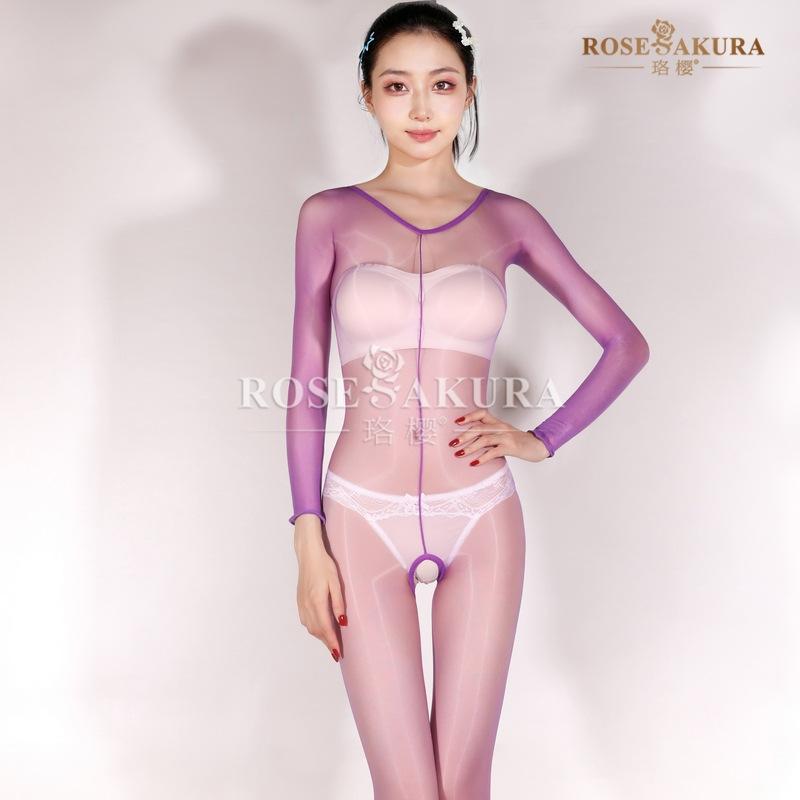 Sexy Oily One-Piece Open Crotch Temptation Long-Sleeved Full Bodystocking Thin Pole Dance Sex Game Ootd Cos Self Pleasure Hot