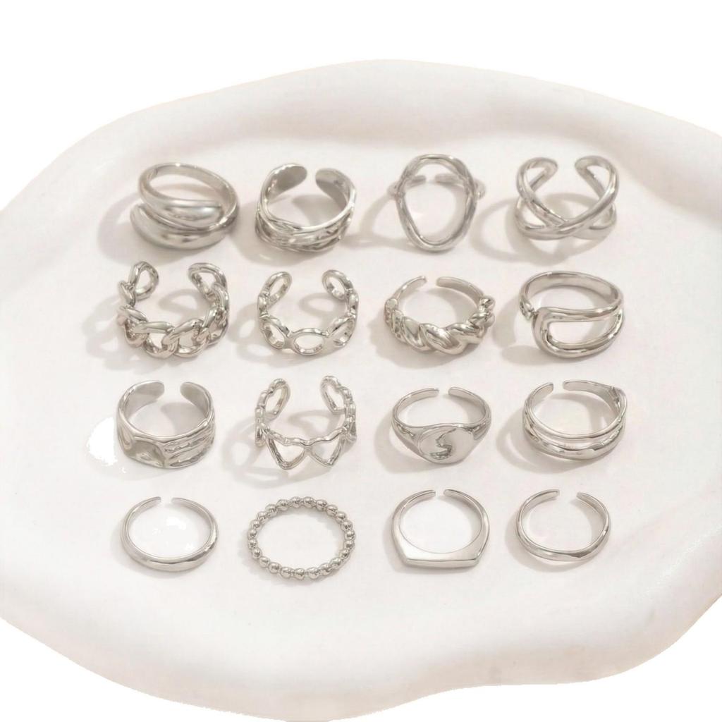 European and American Trendy 16-Piece Geometric Adjustable Ring Set