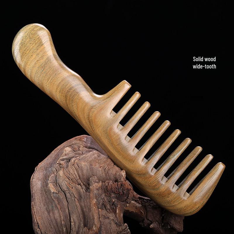 

Зеленый сандал Двусторонняя деревянная массажная расческа с длинной ручкой для вьющихся, прямых и завитых волос