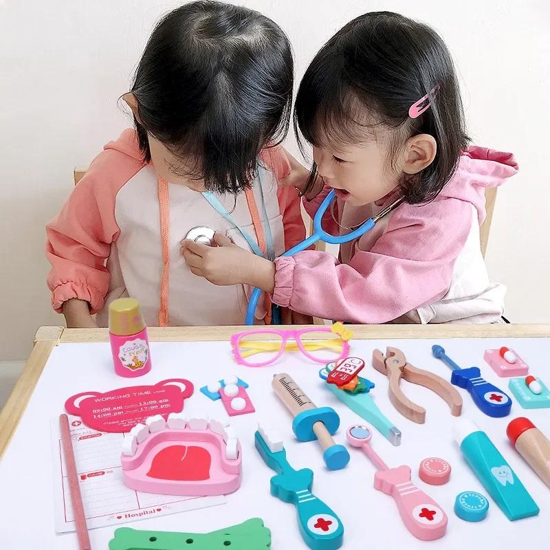 Doctor Speelgoed voor Kinderen Set Kinderen Houten Rollenspel Kit Spelletjes voor Meisjes Jongens Rood Medisch Tandarts Medicijnkist Stoffen Tassen Cadeaus
