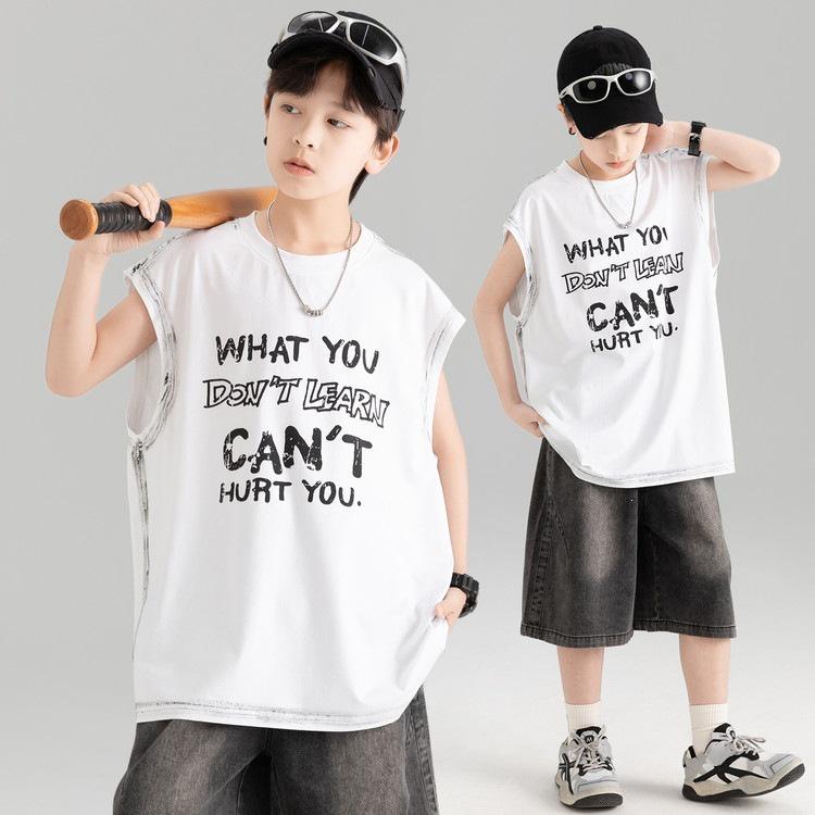 Boys Trendy Sleeveless Set: Summer Thin Denim Bermuda Shorts & Spray Dye Print Vest T-shirt. 180cm