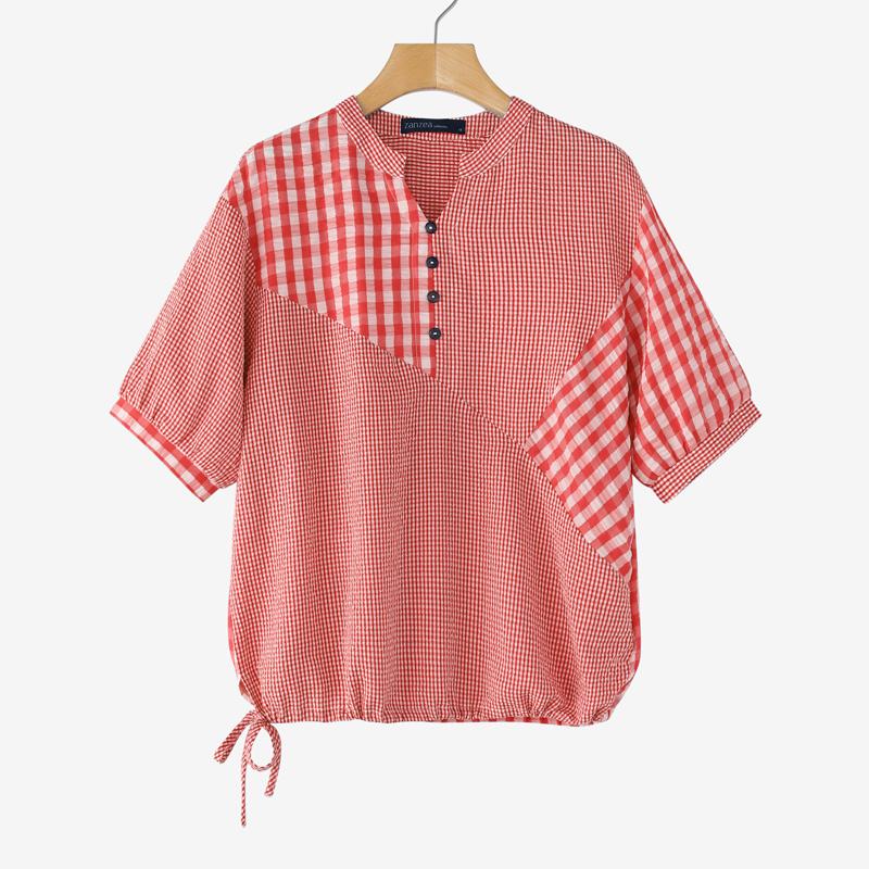 

ZANZEA Женская летняя блузка с V-образным вырезом, полосатым принтом и коротким рукавом в повседневном стиле L