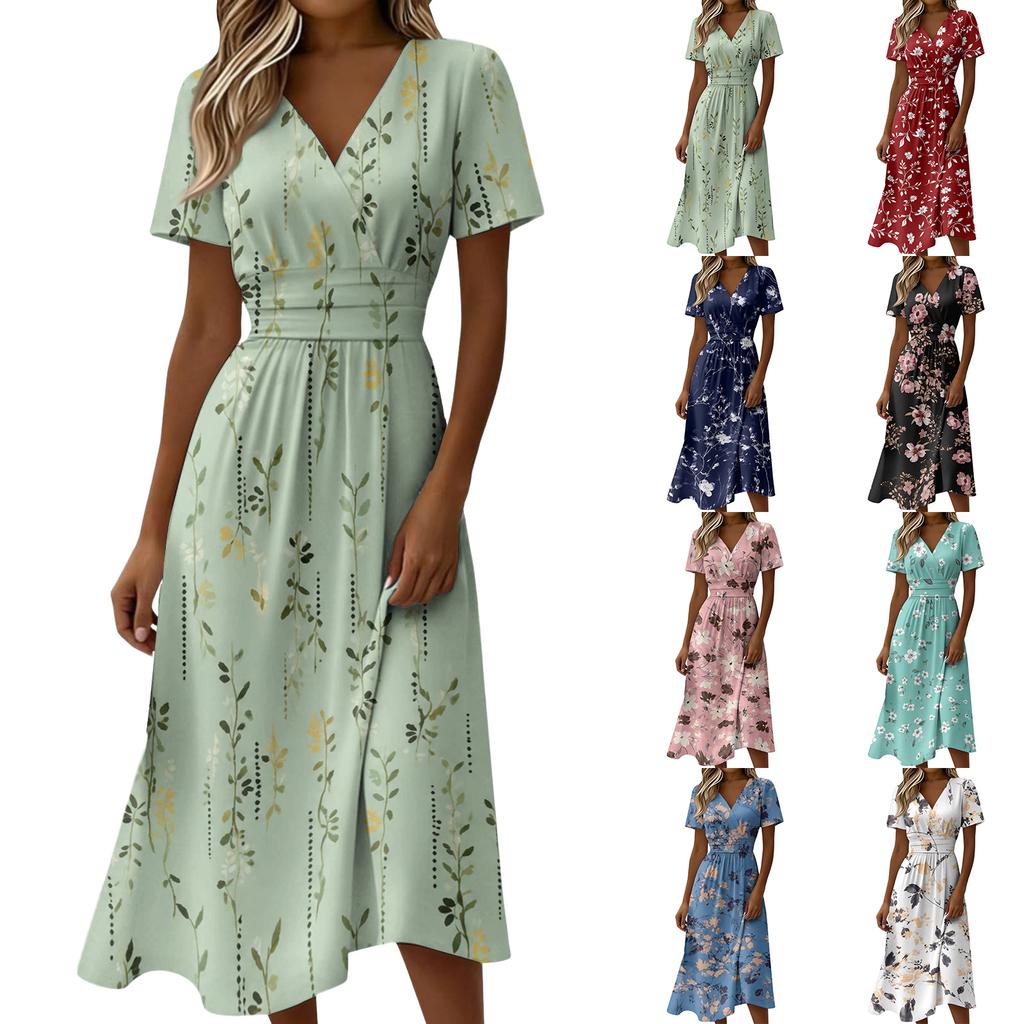 Women V Neck Short Sleeve Waist Defined Floral Print Casual Midi Dress for Daily Wear and Outdoor Activities