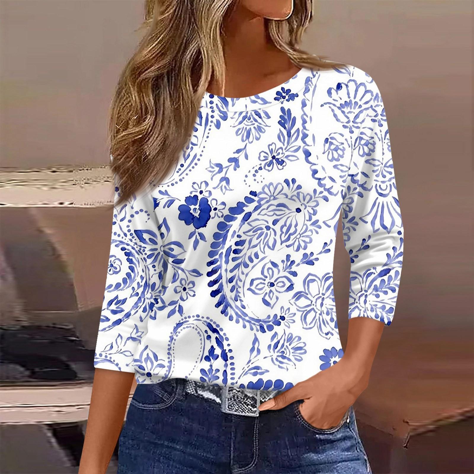 

Женская футболка, модная повседневная футболка с круглым вырезом и рукавом 3/4, свободная футболка с принтом, женская футболка XL синий