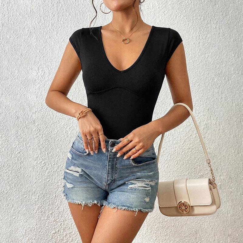 

2026 Summer V-neck Sexy Tight Short Sleeve Jumpsuit for Women Medium