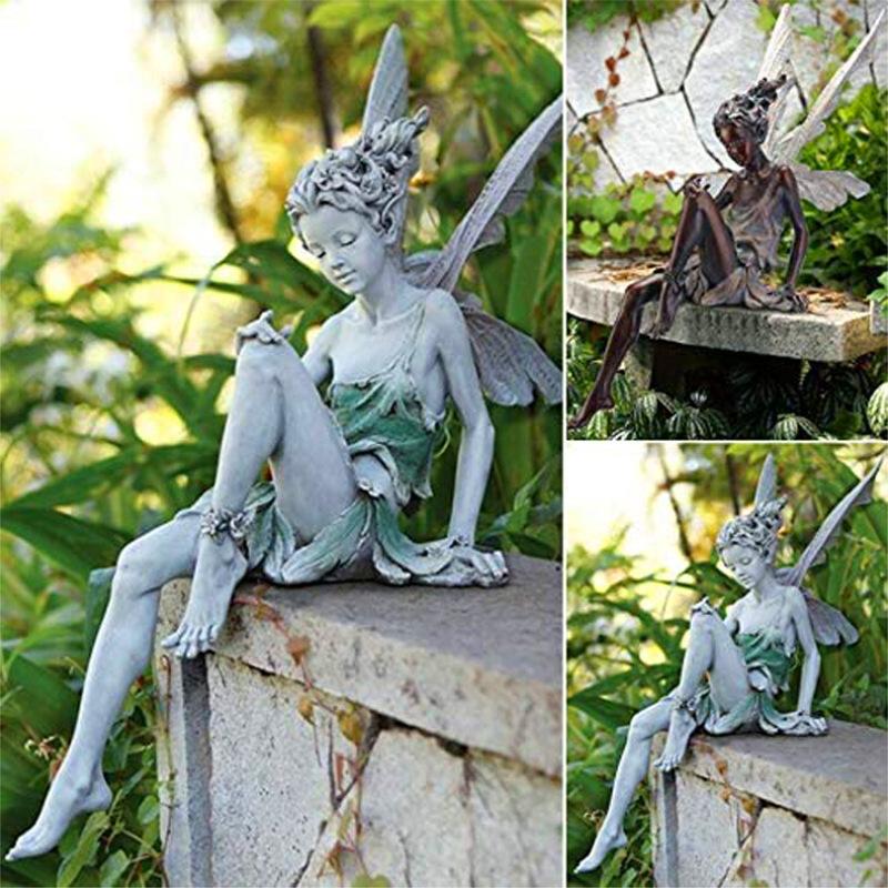 Flower Fairy Resin Statue Decoration Outdoor Garden Angel Girl Sitting Figurines Sculpture Craft Landscaping Yard Art Ornament