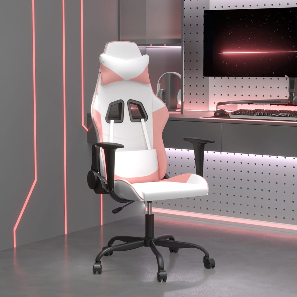 Gaming Chair In White and Pink Artificial Leather