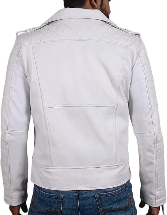 Handmade Men's Jacket White Leather Genuine Lambskin Stylish Motorcycle Soft Fit