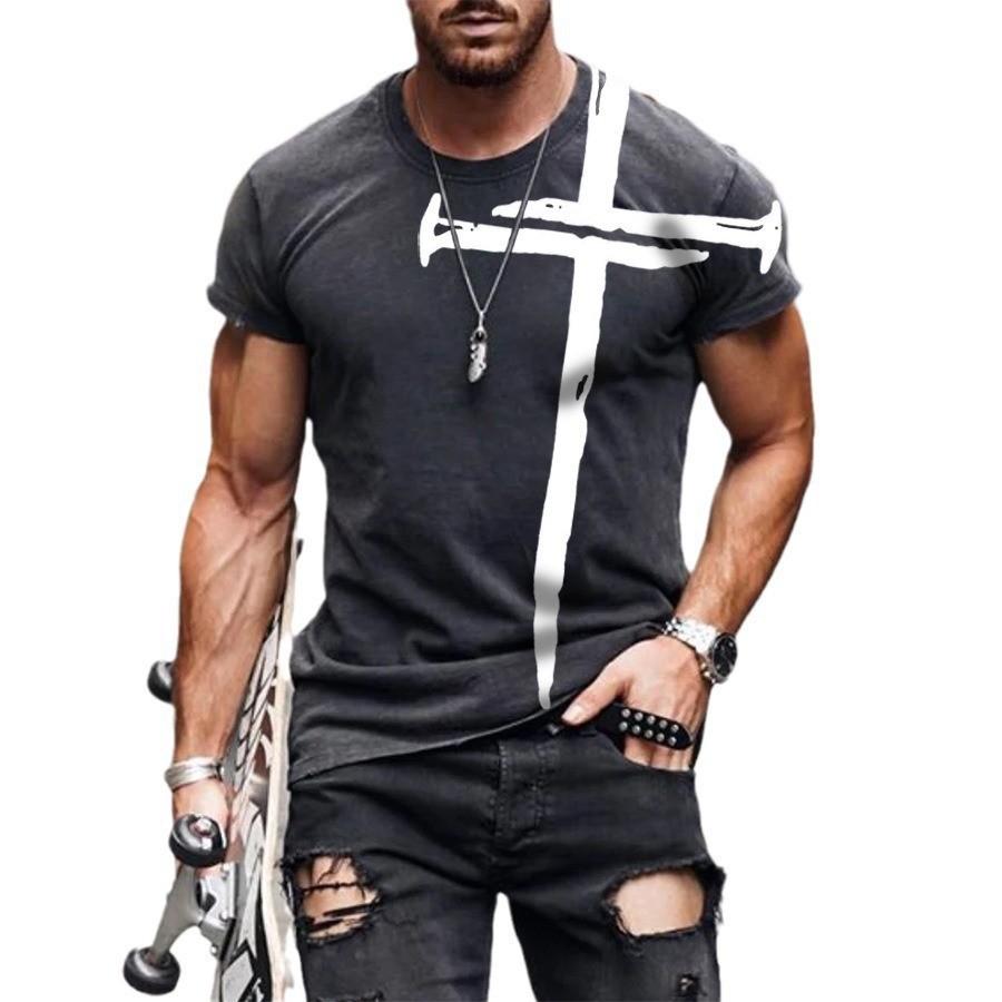 2024 Summer Retro Cross Pattern New Short Sleeved Round Neck Printed Men's T-shirt