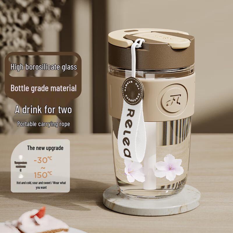 RELEA 520ML Borosilicate Glass Water Bottle with Straw