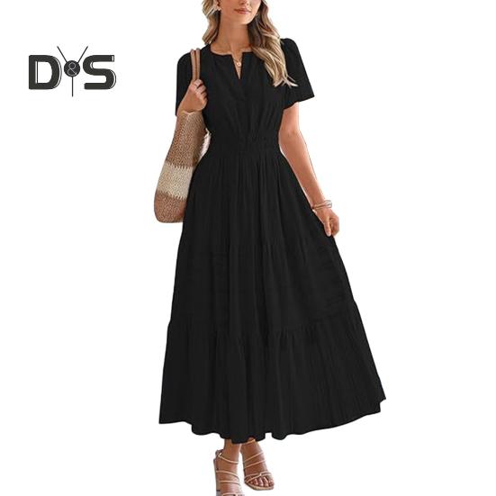 

Женское летнее платье макси, повседневное платье с V-образным вырезом, коротким рукавом, многослойное струящееся платье, присборенная талия, плиссированное длинное платье XXL чёрный