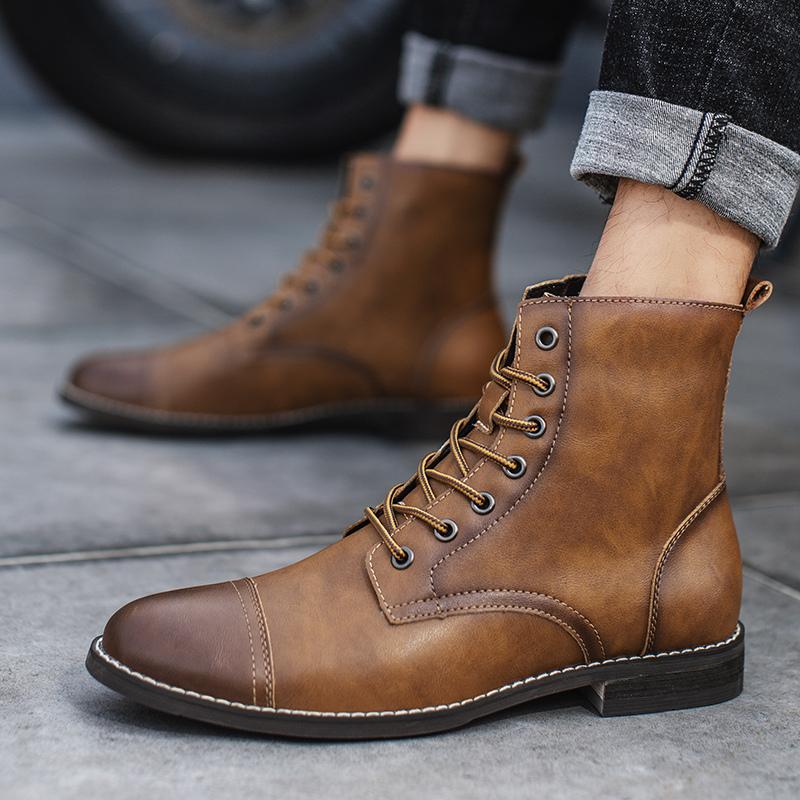 Classic Vintage Western Cowboy Boots Men Fashion Brown Leather Mens Boots Comfortable Pointed Knight Shoes Male Motorcycle Boots